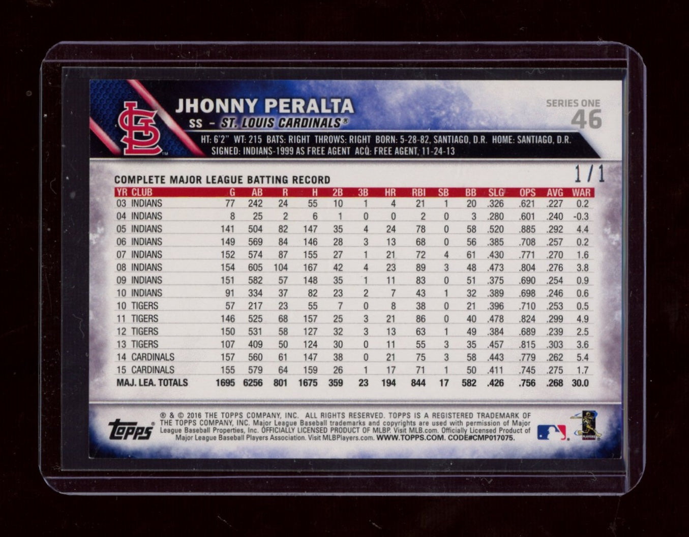 2016 Topps #46 Jhonny Peralta Platinum #/1
