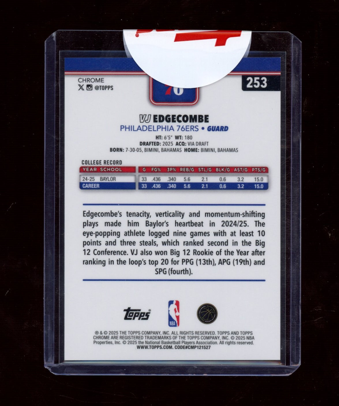 2025-26 Topps Chrome #253 VJ Edgecombe Blue X-Fractor