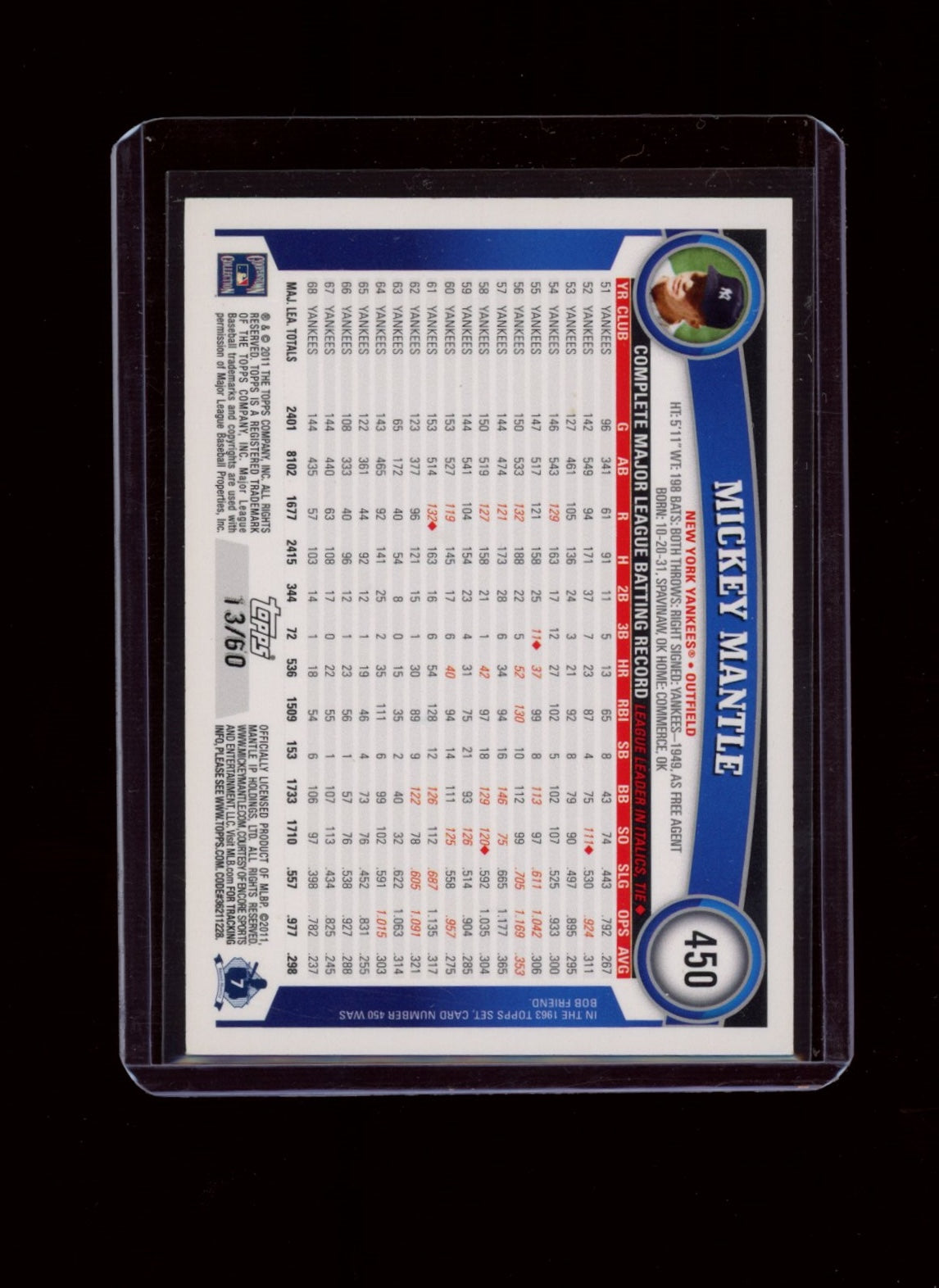 2011 Topps #450b Mickey Mantle Hope Diamond Anniversary #/60