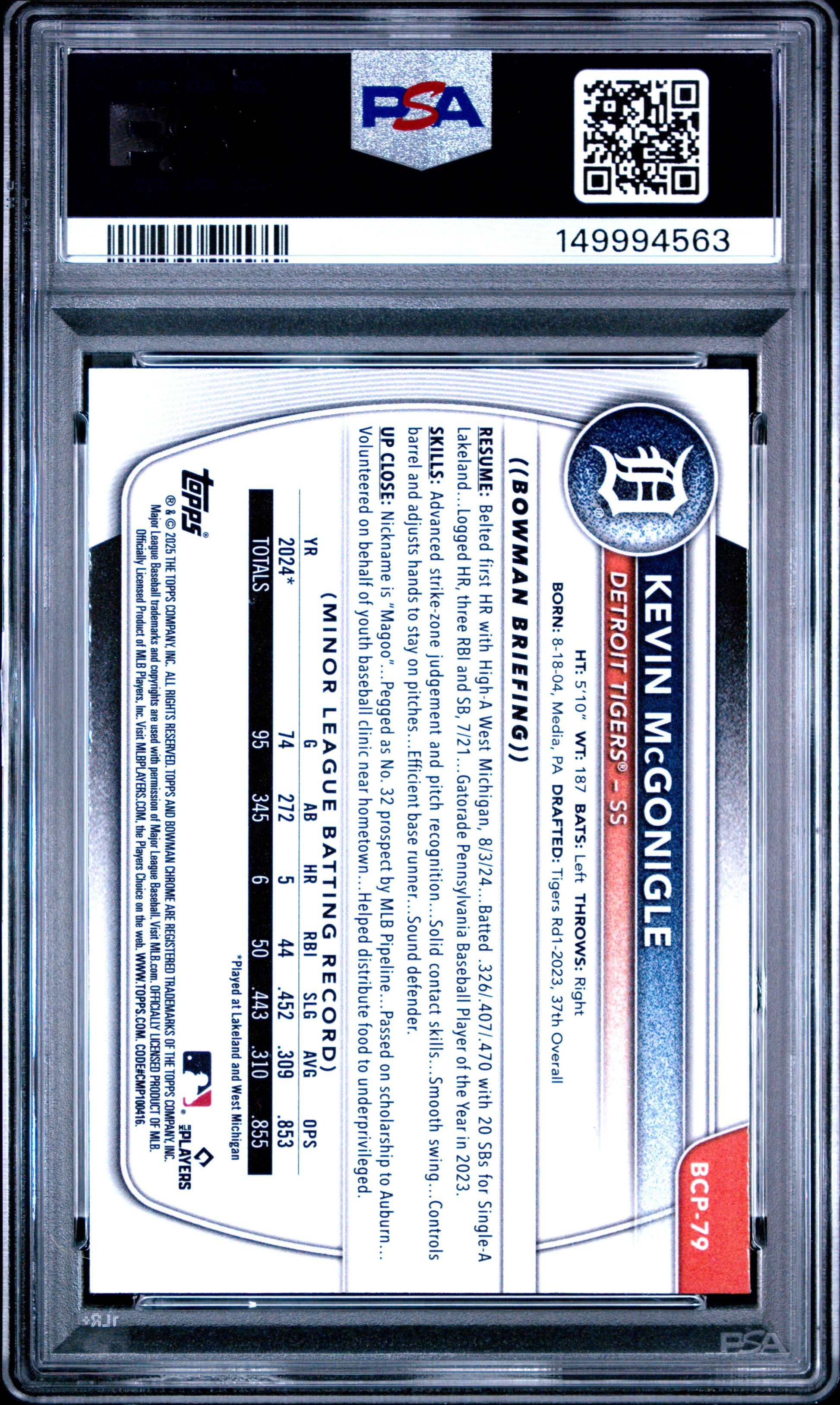 2025 Bowman Chrome #BCP79 Kevin Mcgonigle Mini Diamond PSA 9