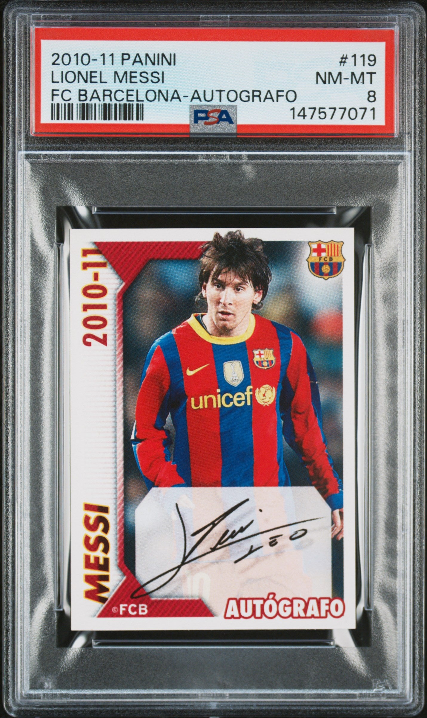 2010-11 Panini Fc Barcelona #119 Lionel Messi Fc Barcelona-Autografo PSA 8