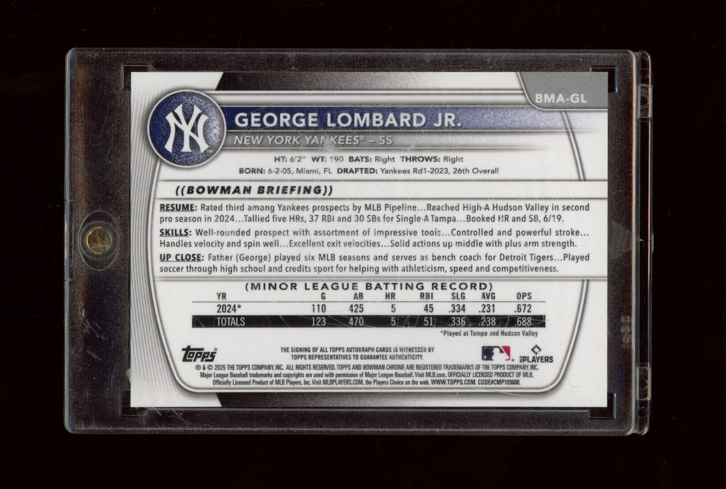 2024 Bowman #BMA-GL George Lombard Jr. Chrome Prospect Auto Mojo Refractors