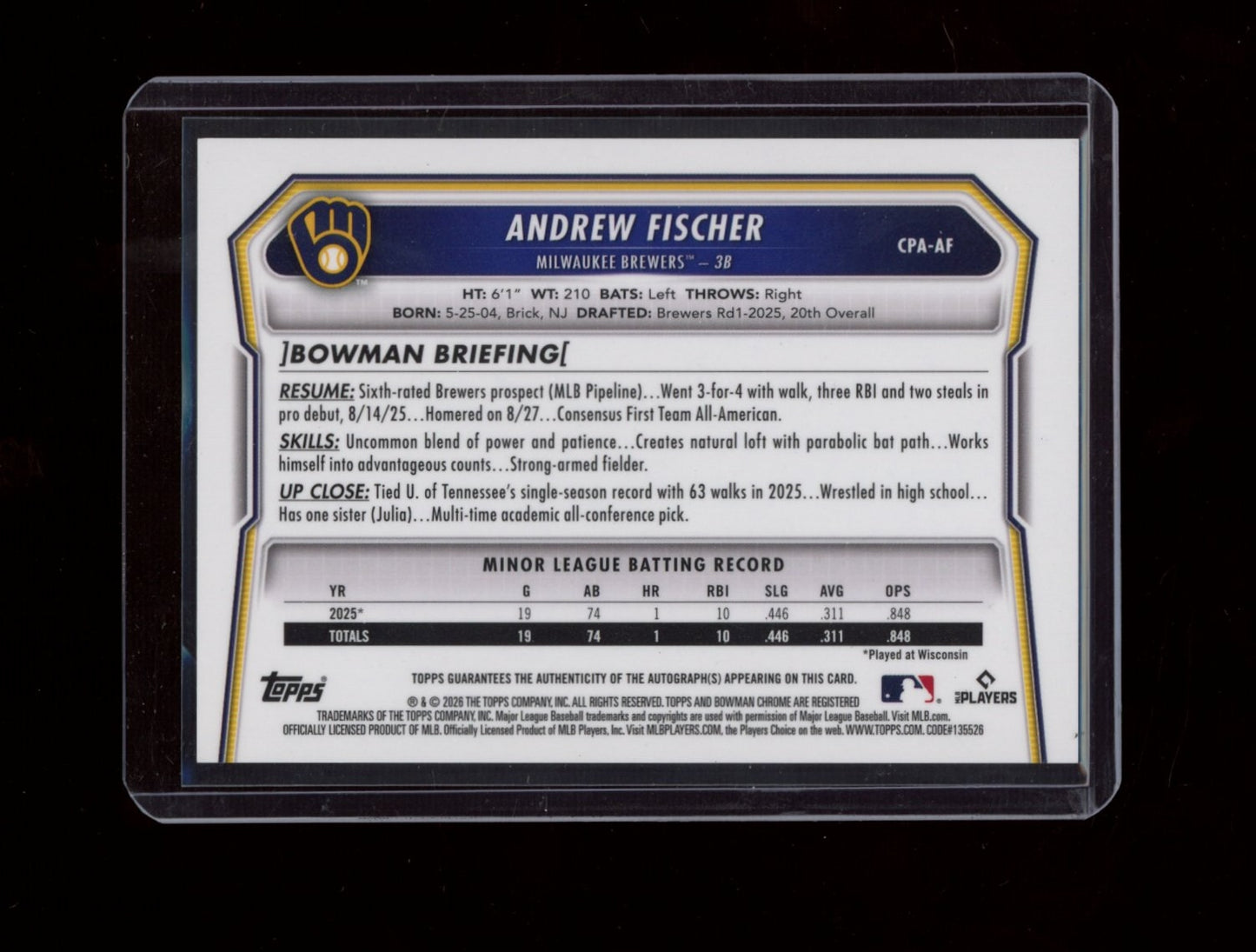 2026 Bowman #CPA-AF Andrew Fischer Chrome Prospects Autograph