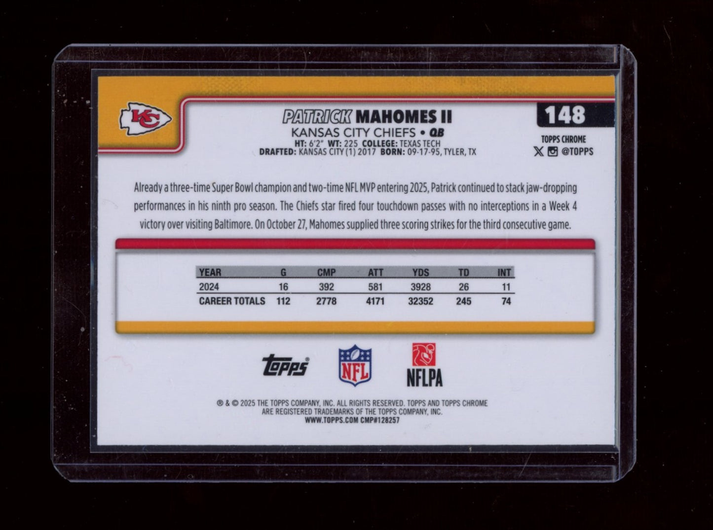 2025 Topps Chrome #148 Patrick Mahomes II Blue Wave Refractor #/150