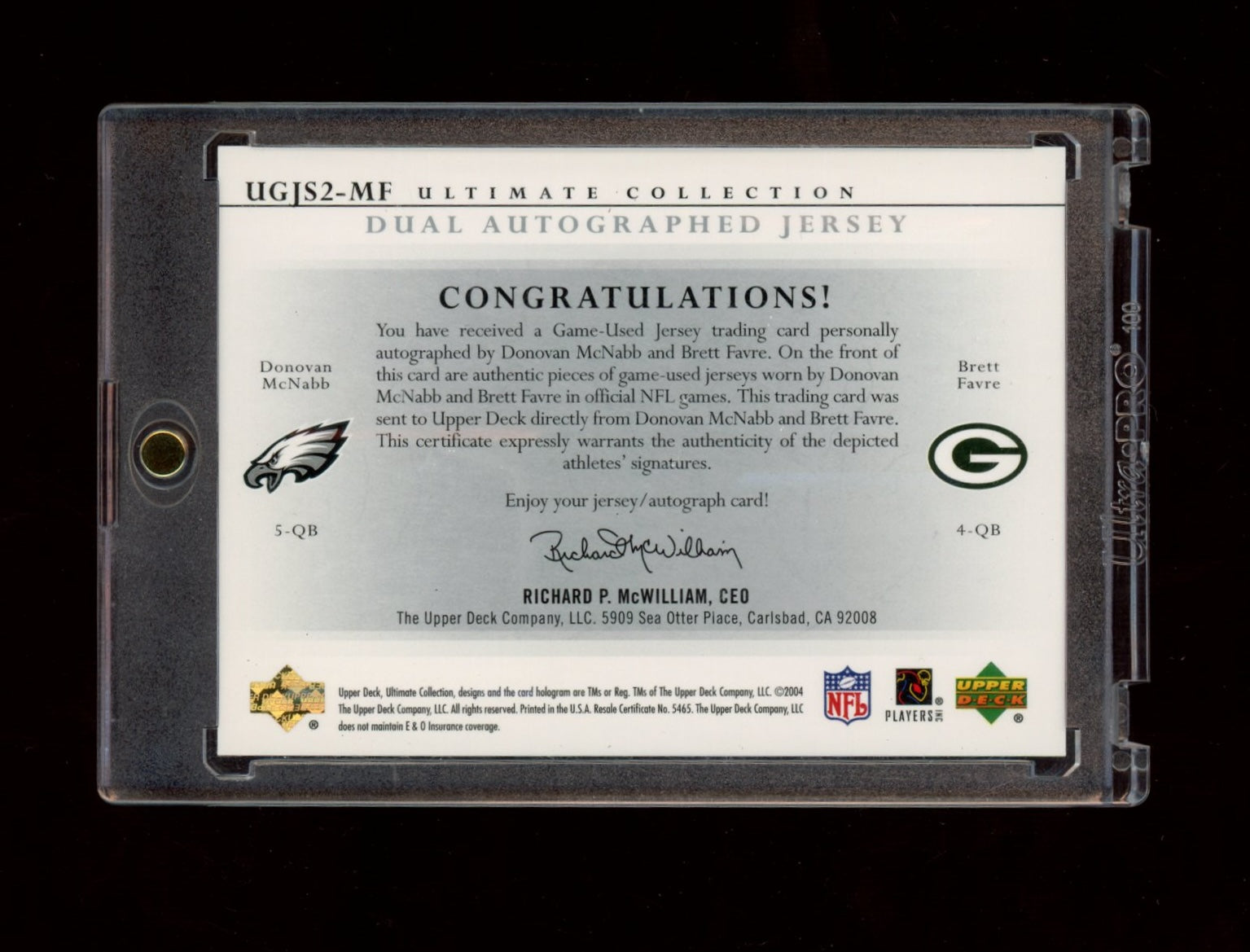 2004 Upper Deck Ultimate Collection #UGJS2-MF McNabb / Favre Dual Autos #/15