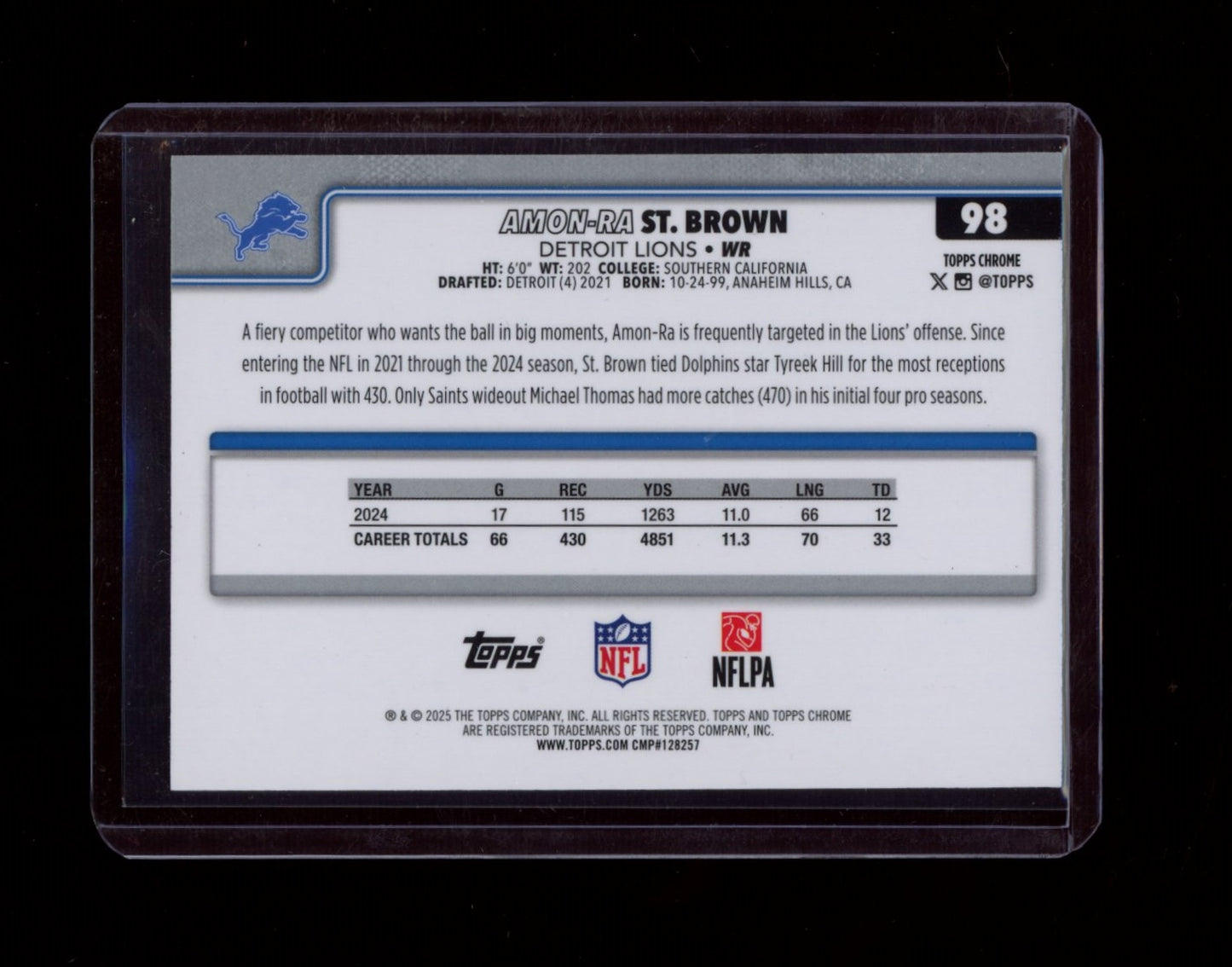 2025 Topps Chrome #98 Amon-Ra St. Brown Blue Refractor #/150