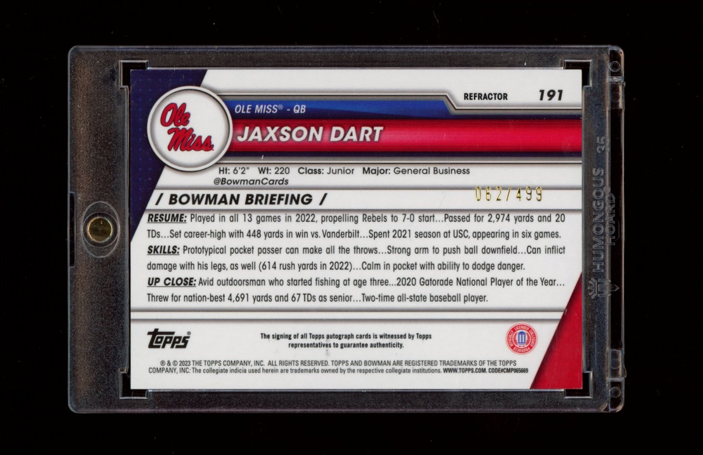 2023 Bowman University Chrome #191 Jaxson Dart Chrome Auto Refractor #/499