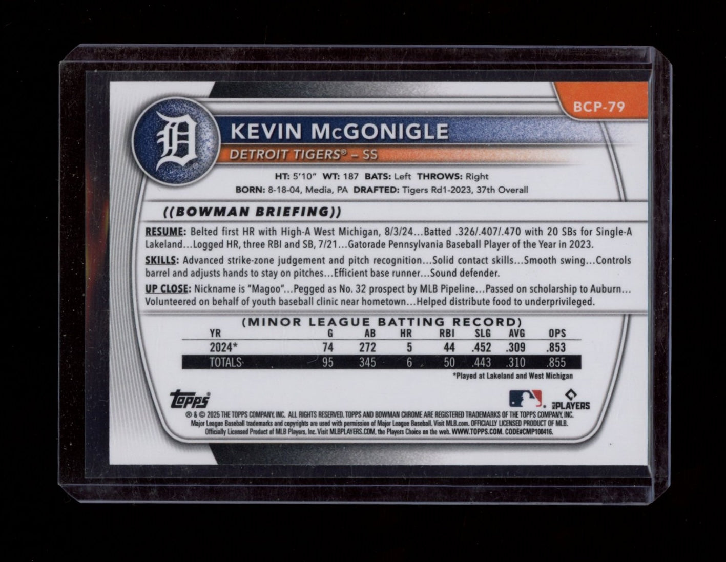 2025 Bowman #BCP-79 Kevin McGonigle Chrome Prospects Blue Refractor #/150