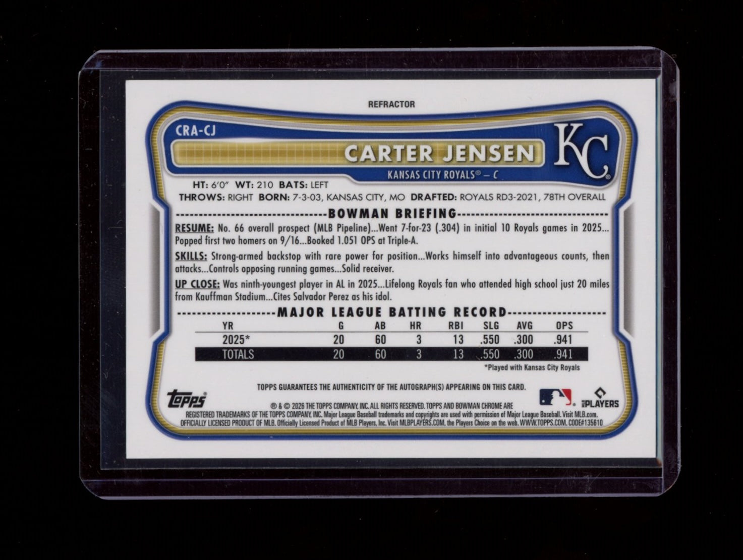 2026 Bowman #CRA-CJ Carter Jensen Chrome RC Auto Refractor /499