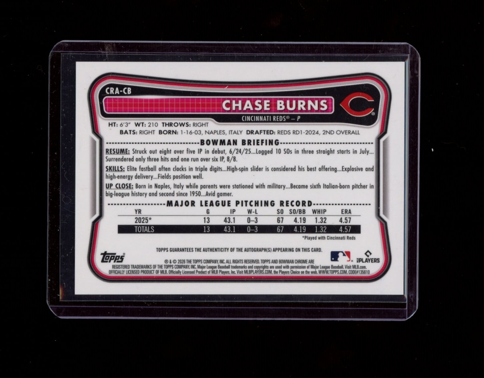 2026 Bowman #CRA-CB Chase Burns Chrome Rookie Autograph
