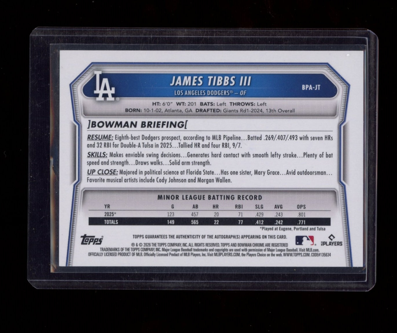 2026 Bowman #BPA-JT James Tibbs III Prospects Autograph Gold /50
