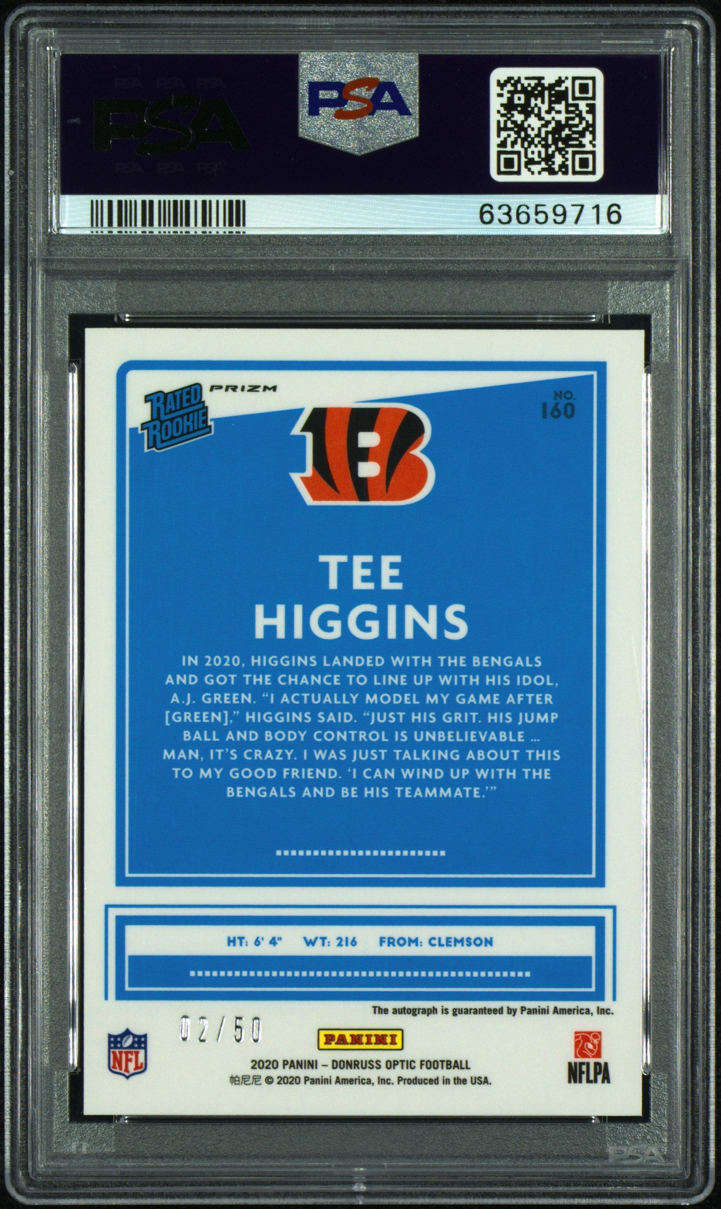 2020 Panini Donruss Optic #160 Tee Higgins Auto-Purple Stars PSA 9