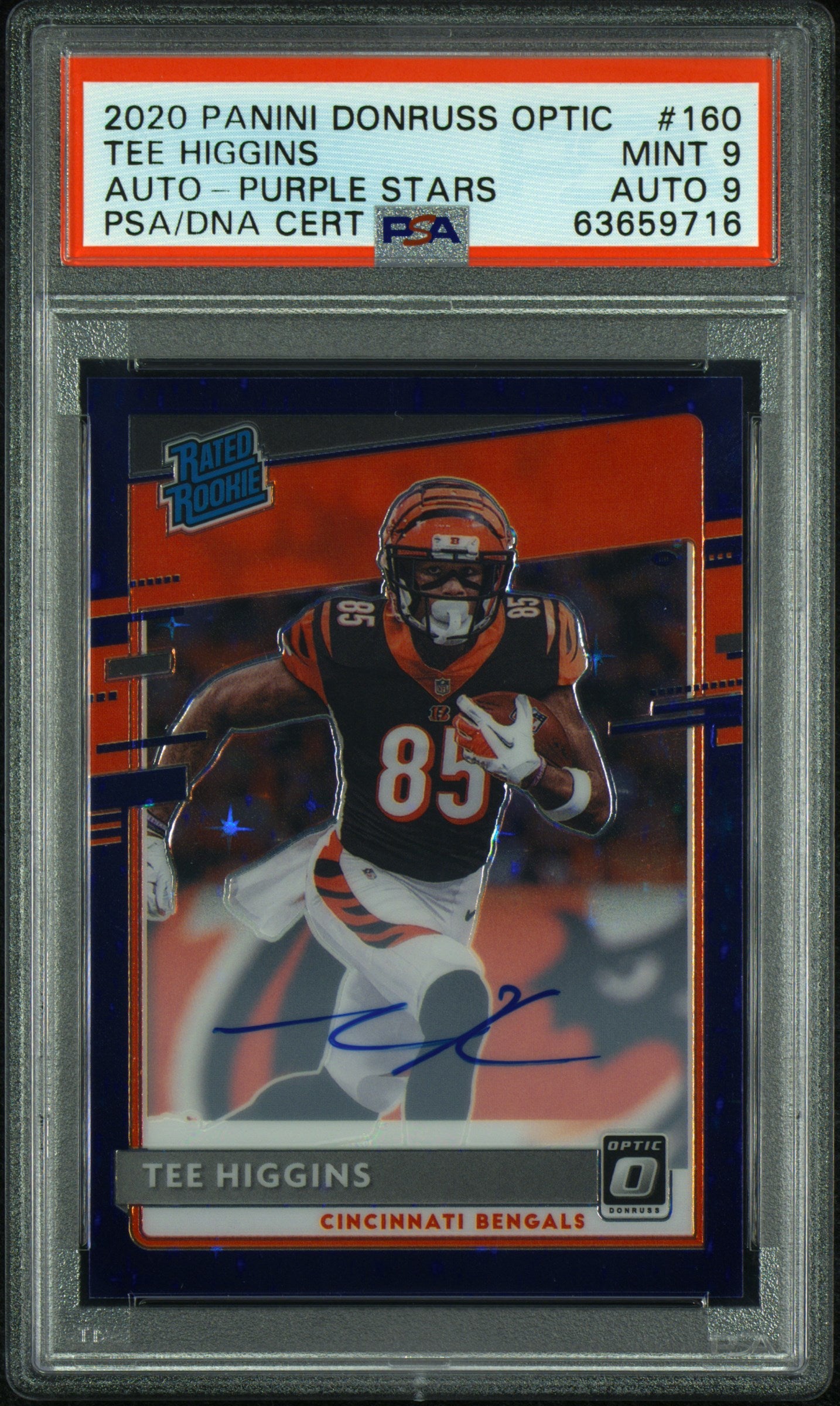 2020 Panini Donruss Optic #160 Tee Higgins Auto-Purple Stars PSA 9