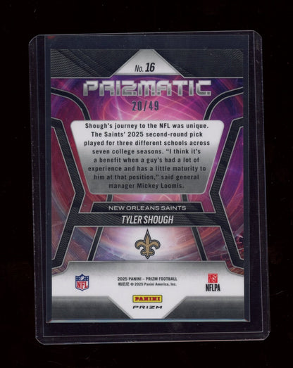 2025 Panini Prizm #16 Tyler Shough Prizmatic Purple Power #/49