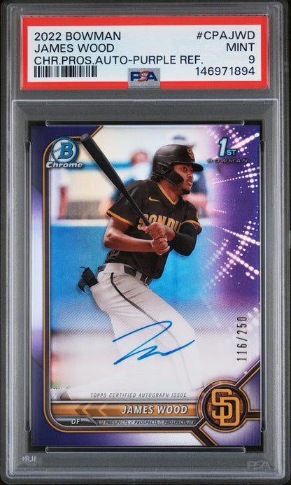 2022 Bowman Chrome Prospect Auto #CPAJWD James Wood PURPLE AUTO Ref. PSA 9