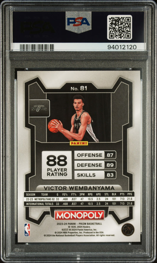 2023 Panini Prizm Monopoly #81 Victor Wembanyama PSA 10