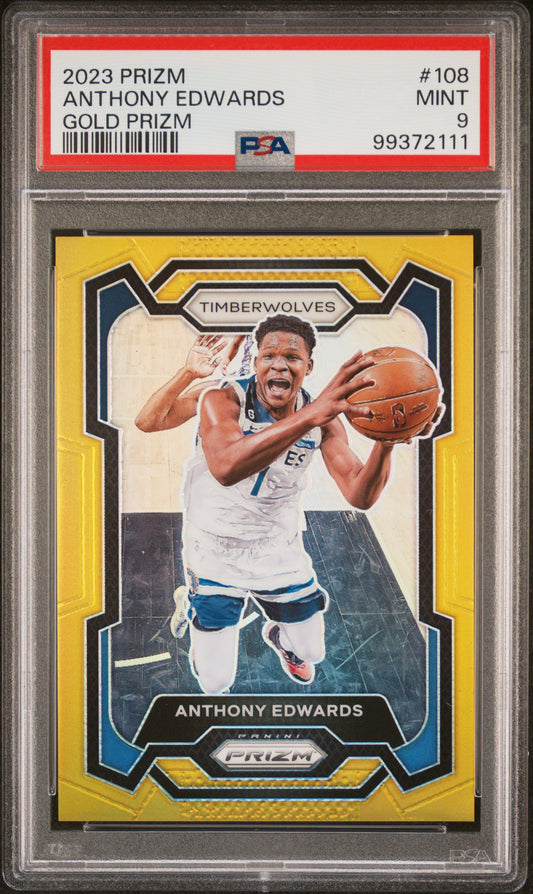2023 Panini Prizm #108 Anthony Edwards Gold Prizm PSA 9 JERSEY # 1/10