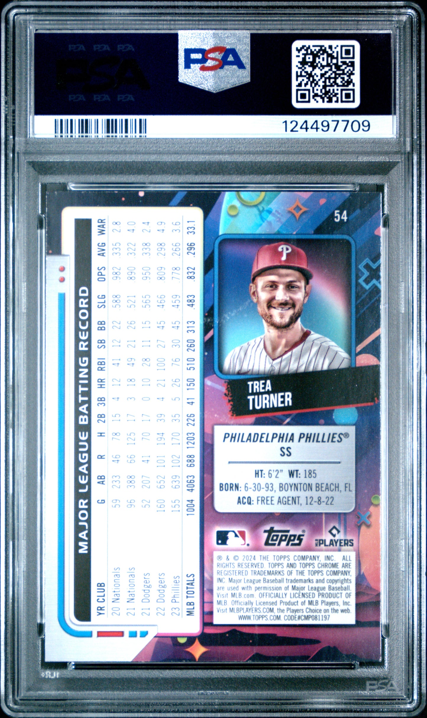 2024 Topps Cosmic Chrome #54 Trea Turner Orange Galactic PSA 10