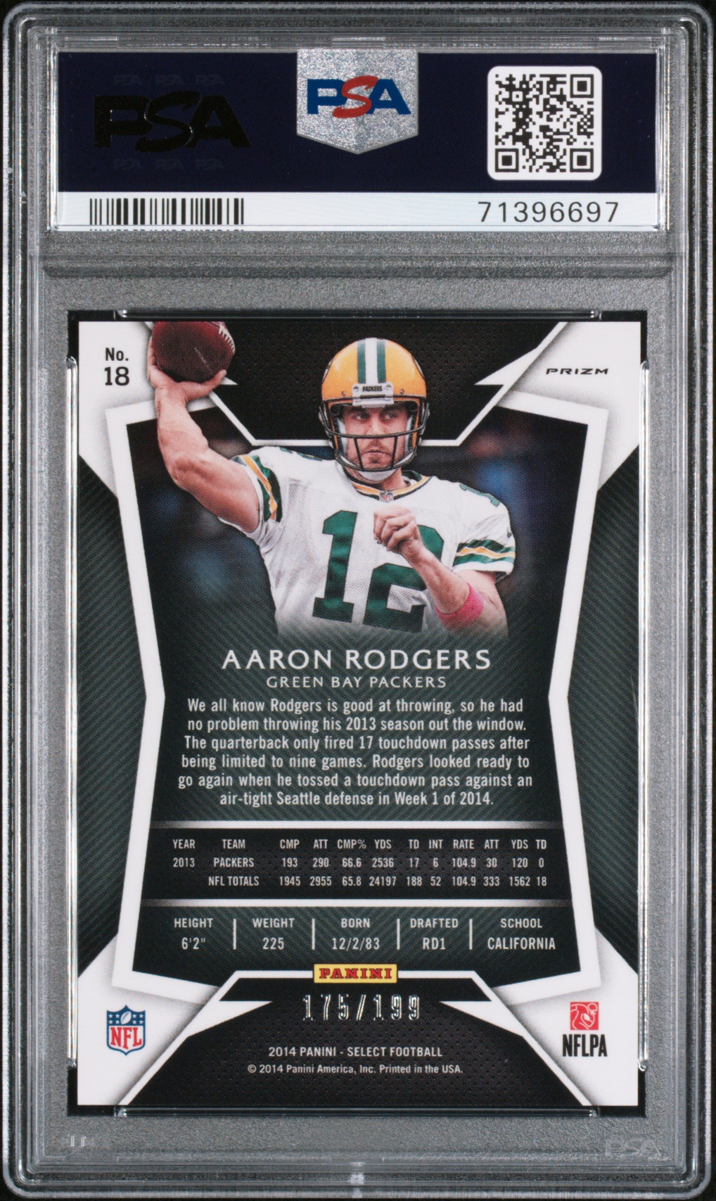 2014 Panini Select #18 Aaron Rodgers Fuchsia Prizm PSA 10