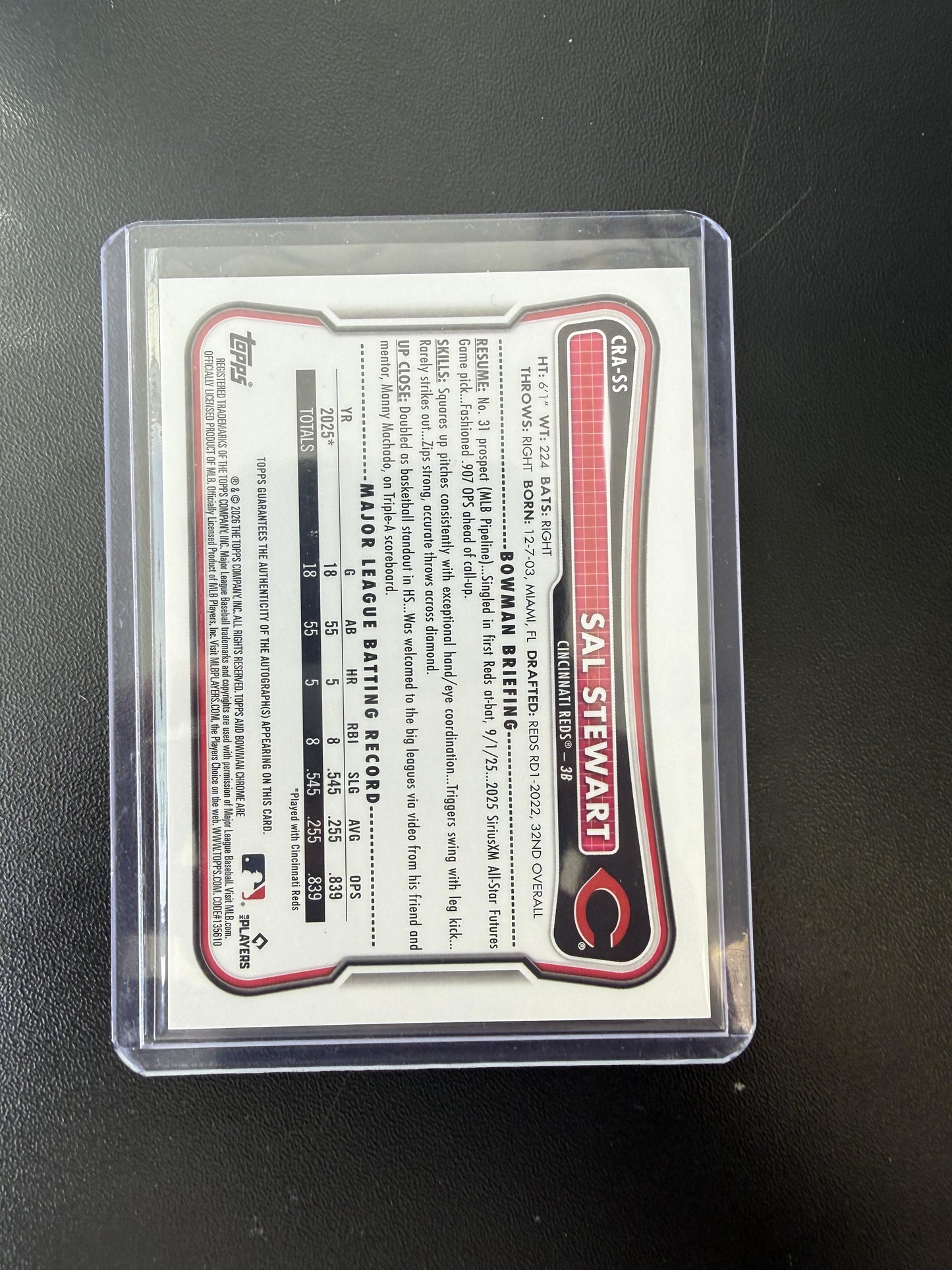 2026 Bowman #CRA-SS Sal Stewart Chrome Rookie Autograph Blue Refractor #/150