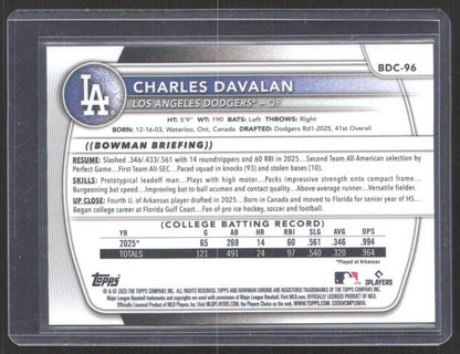 2025 Bowman Draft #BDC-96 Charles Davalan Chrome Black Mojo Refractor #/10