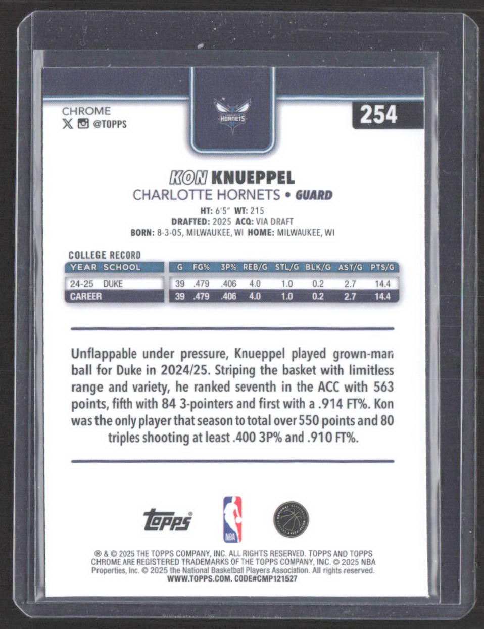 2025-26 Topps Chrome #254 Kon Knueppel Basketball Refractor