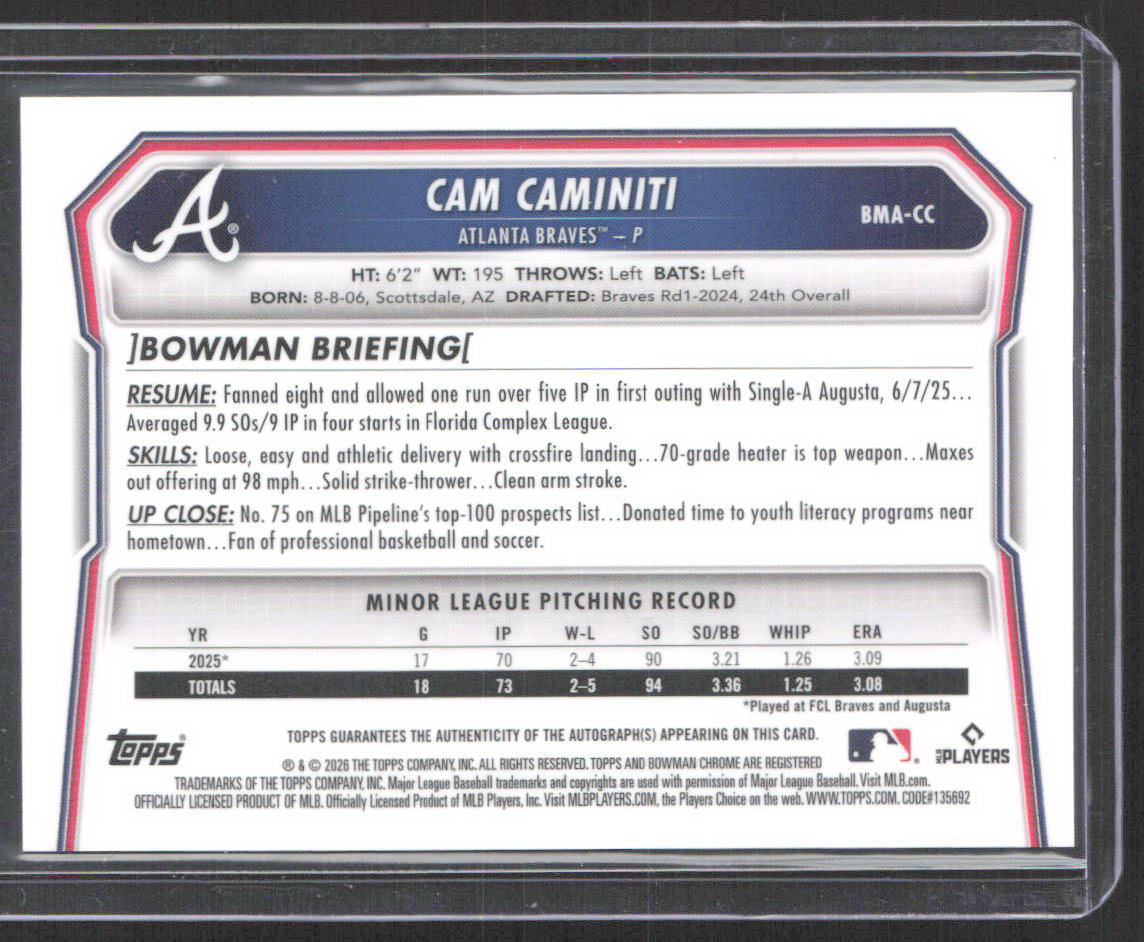 2025 Bowman #BCP-46 Cam Caminiti Chrome Prospects Mojo Purple Refractor #/250