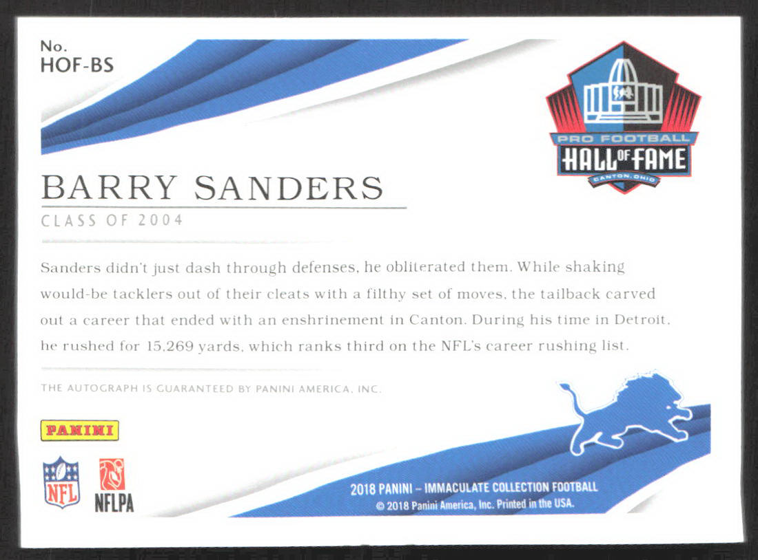 2018 Panini Immaculate Collection Barry Sanders Immaculate HOF Signatures #/15