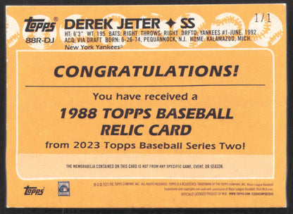 2023 Topps #88R-DJ Derek Jeter 1988 Topps Baseball 35th Anniversary Relics #/1