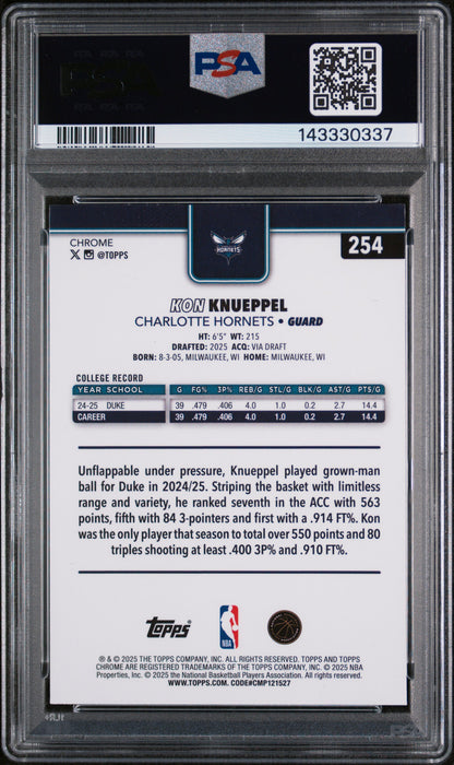 2025 Topps Chrome #254 Kon Knueppel Blue Raywave PSA 8