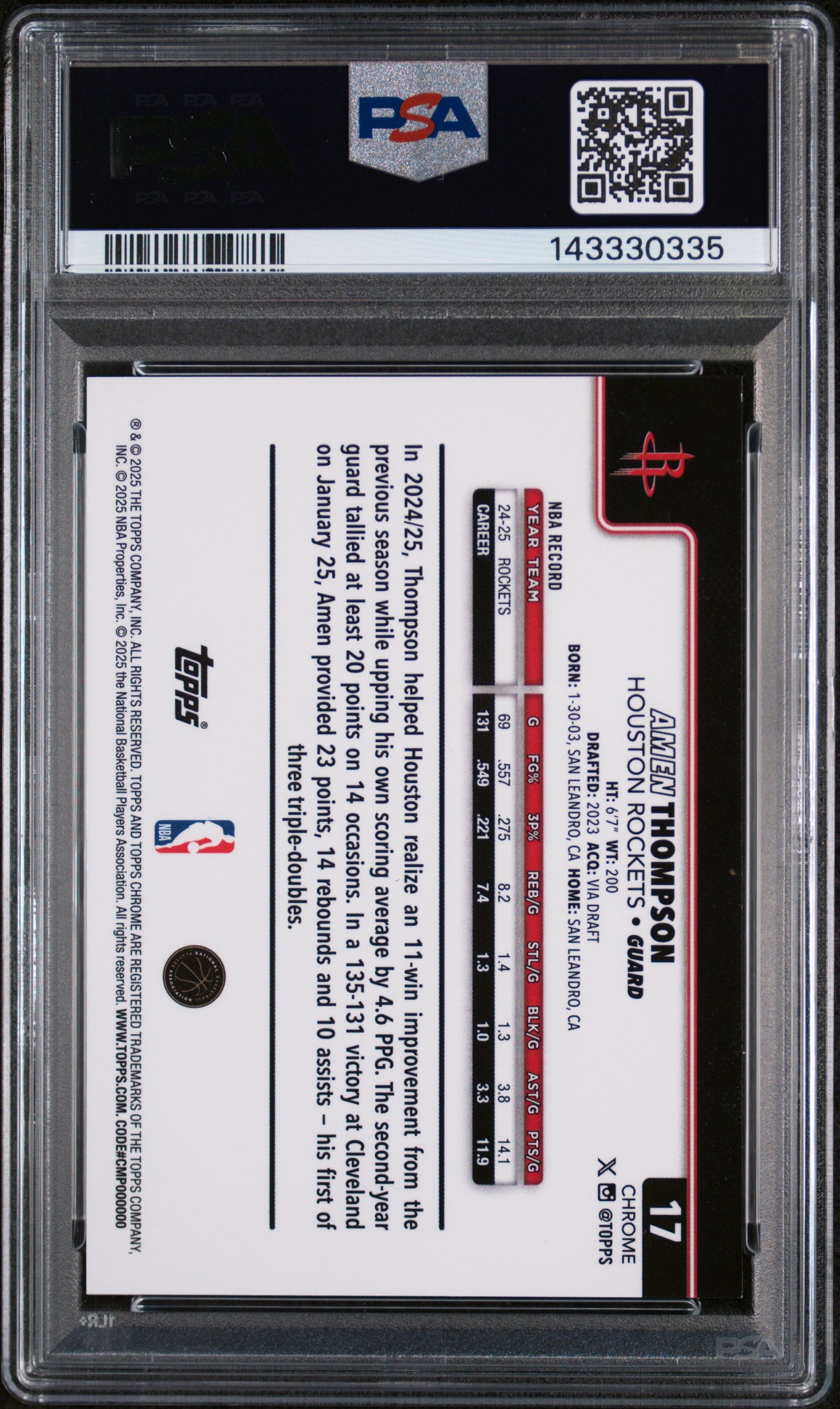 2025 Topps Chrome #17 Amen Thompson Gold Refractor PSA 9