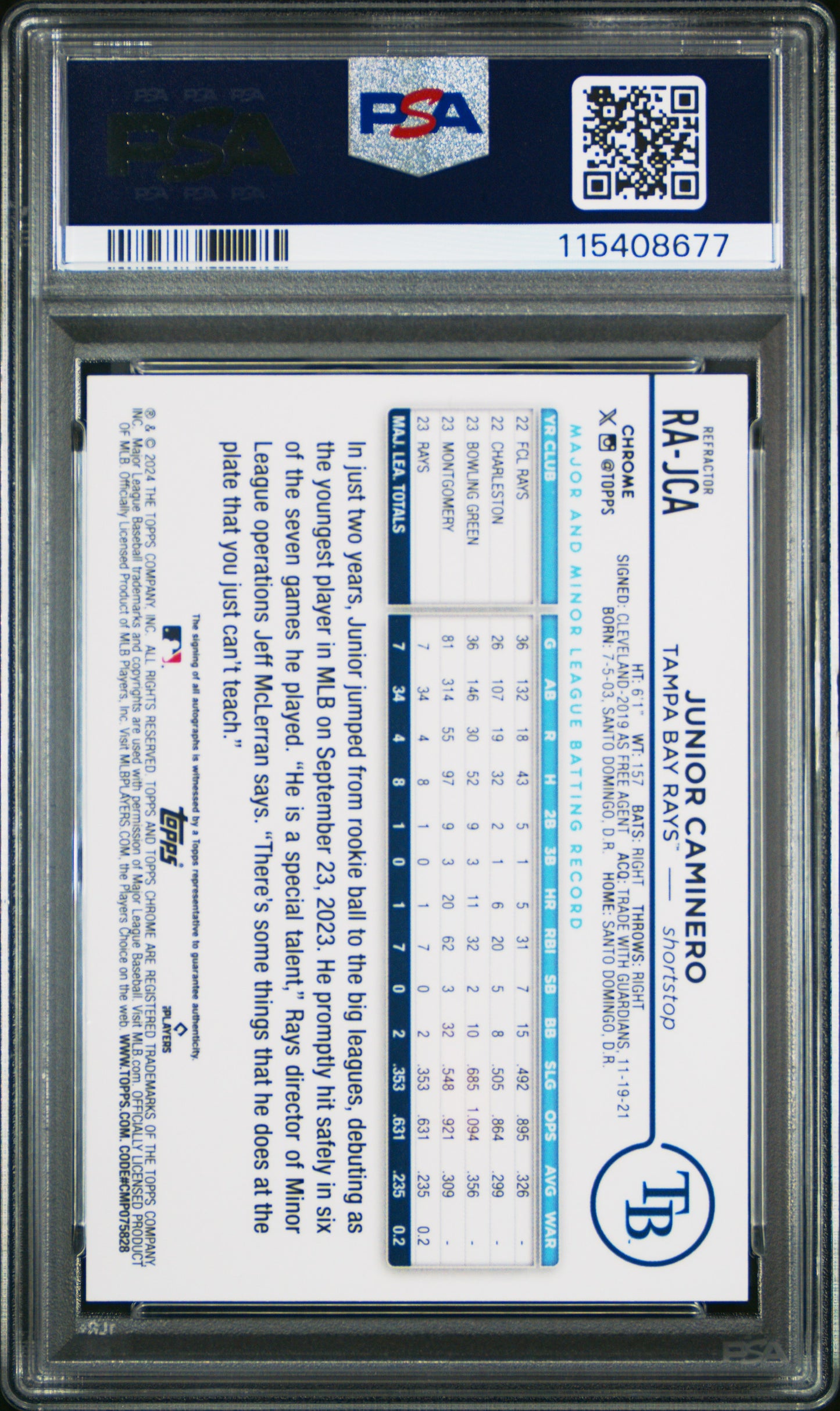 2024 Topps Chrome #RA-JCA Junior Caminero Rookie Autographs PSA 9