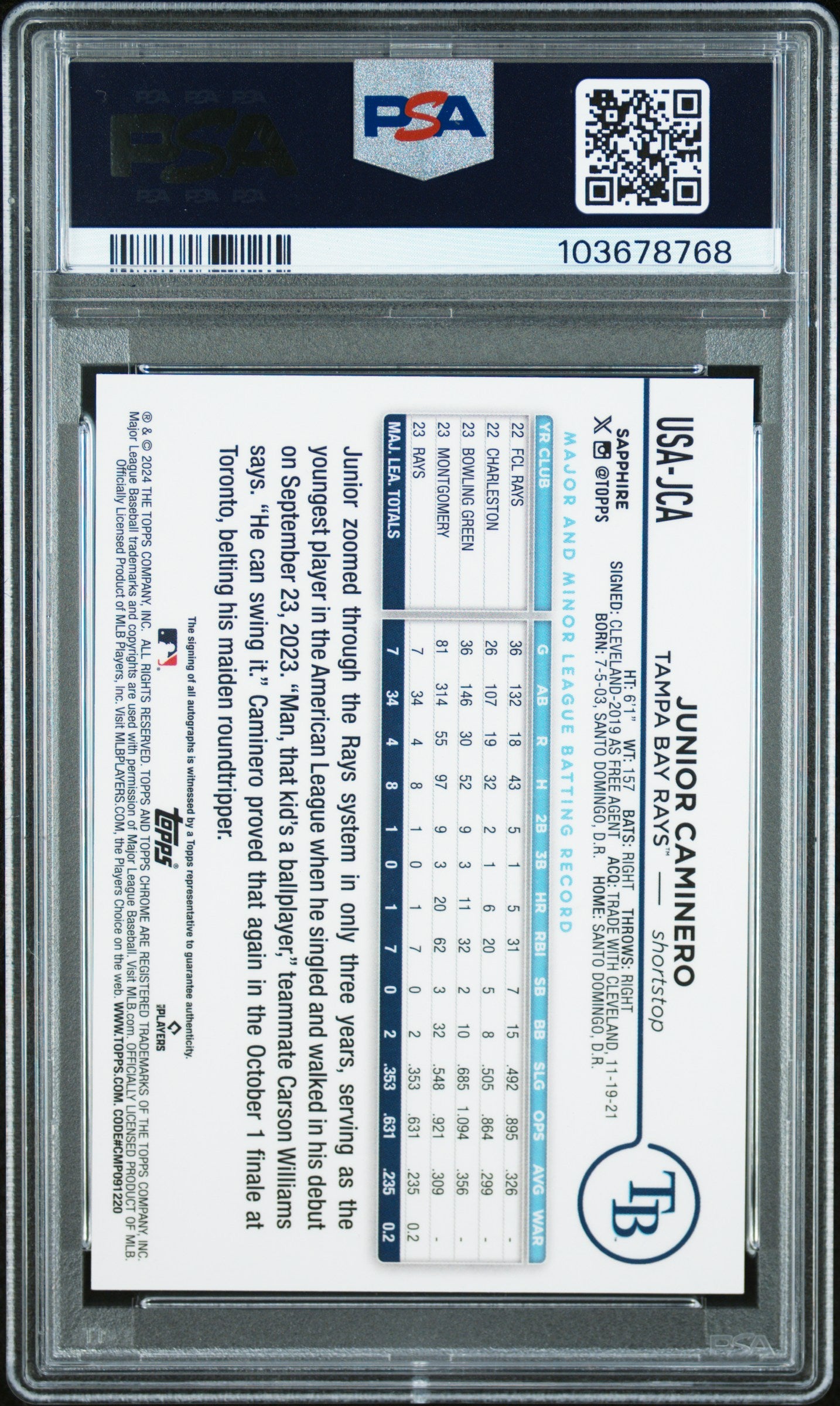 2024 Topps Chrome Sapphire Update Auto #JCA Junior Caminero PSA 10/10