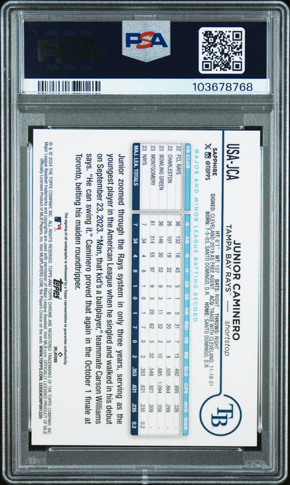 2024 Topps Chrome Sapphire Update Auto #JCA Junior Caminero PSA 10/10