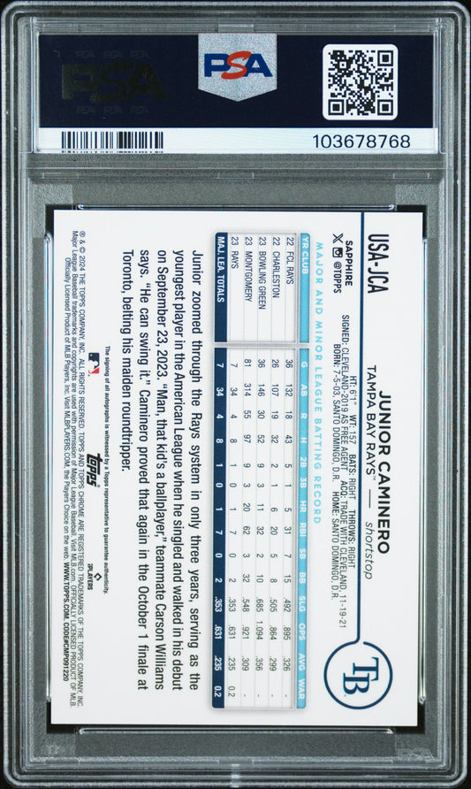 2024 Topps Chrome Sapphire Update Auto #JCA Junior Caminero PSA 10/10