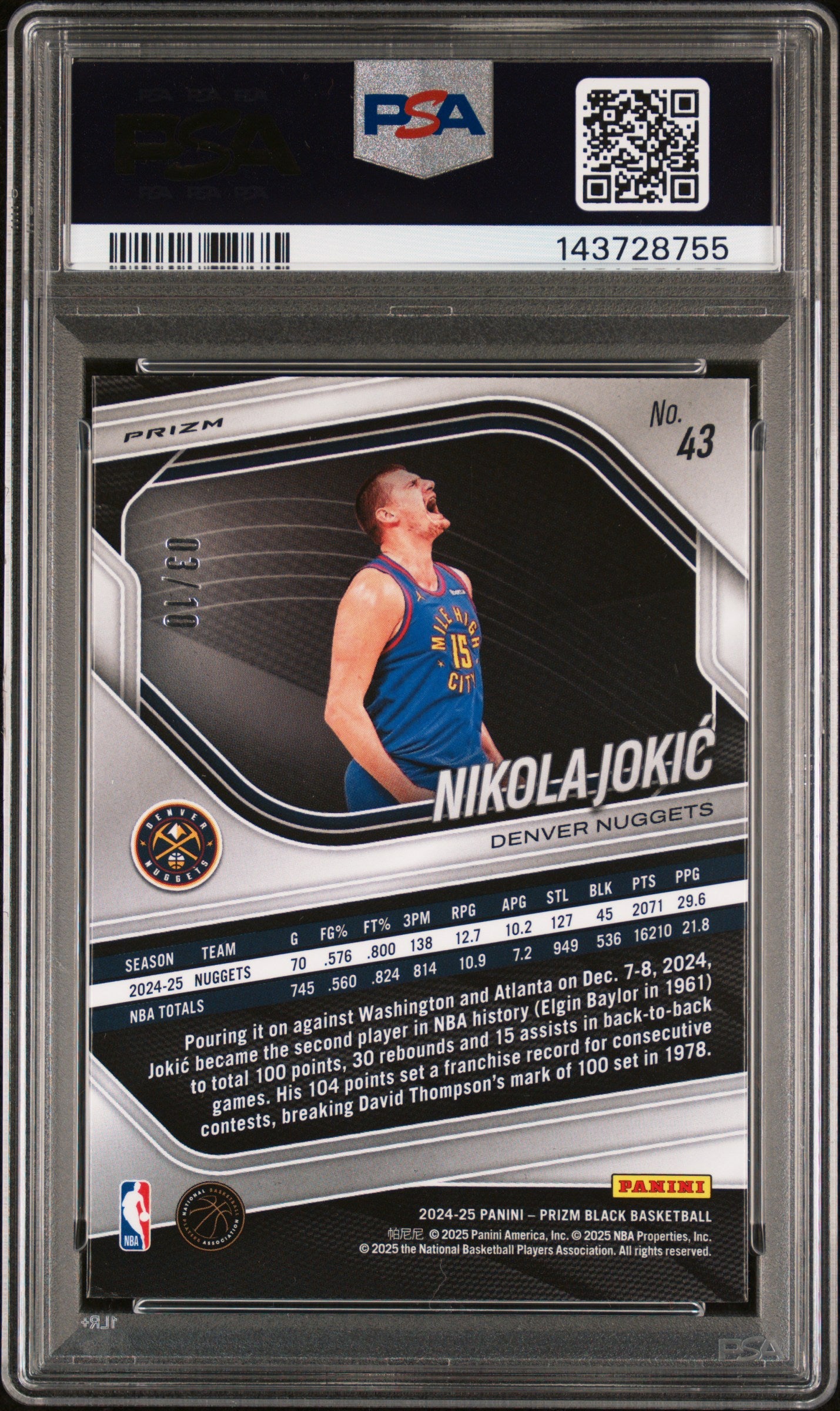2024 Panini Prizm Black #43 Nikola Jokic Gold Prizm PSA 10