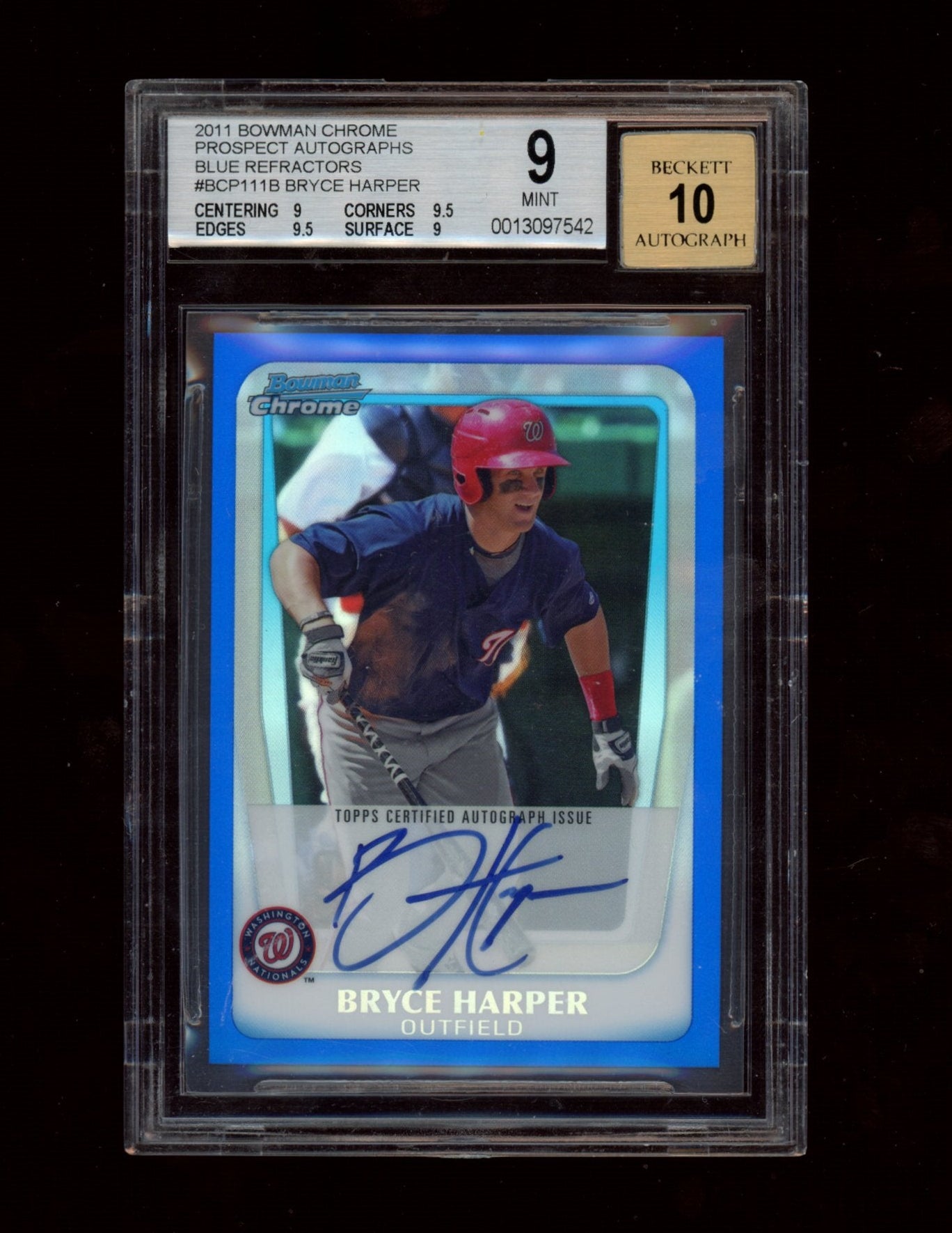 2011 Bowman Chrome Prospect Auto Blue Refractor Bryce Harper BGS 9/10