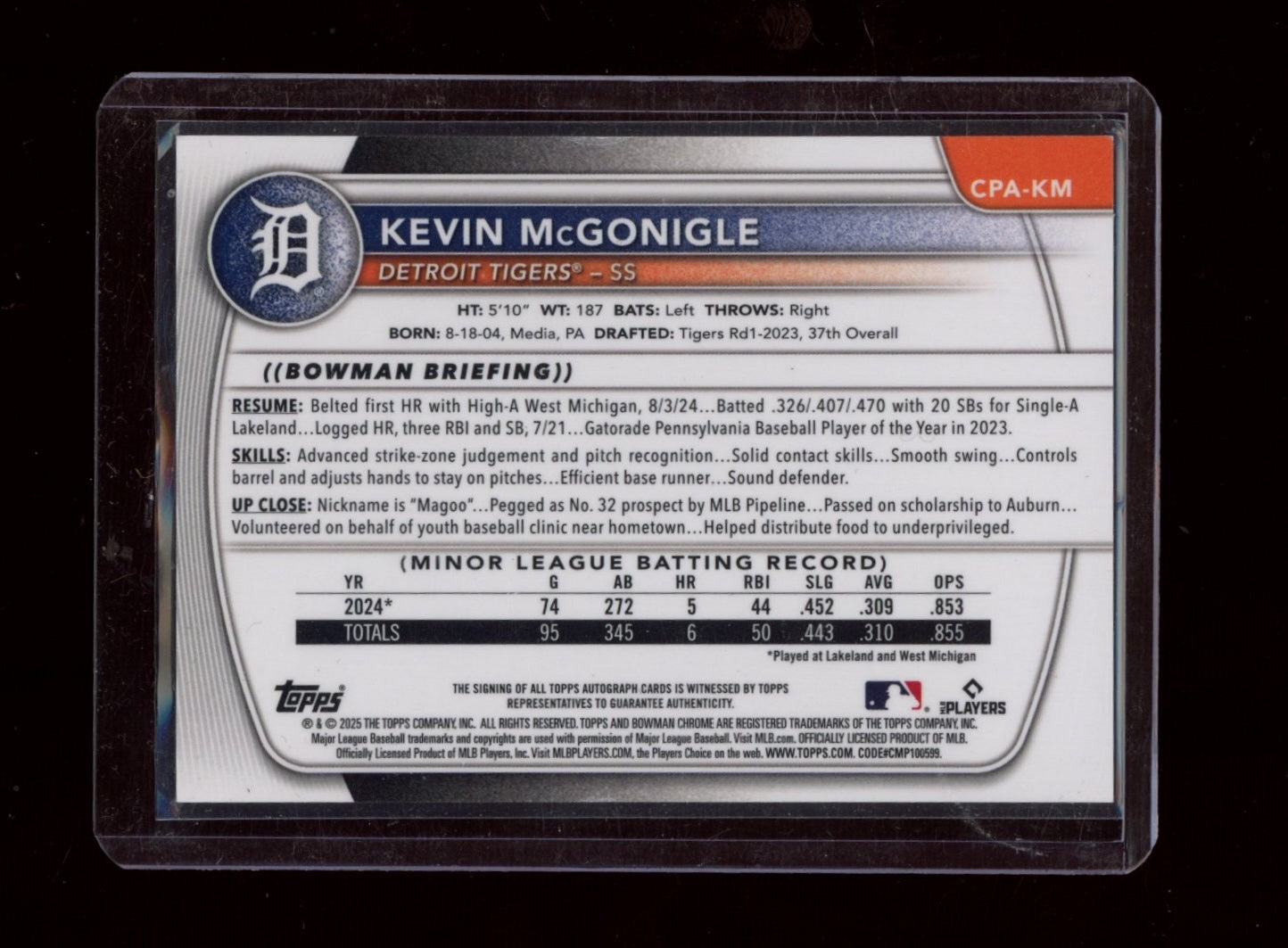 2025 Bowman #CPA-KM Kevin McGonigle Auto Green Lava Refractor #/99