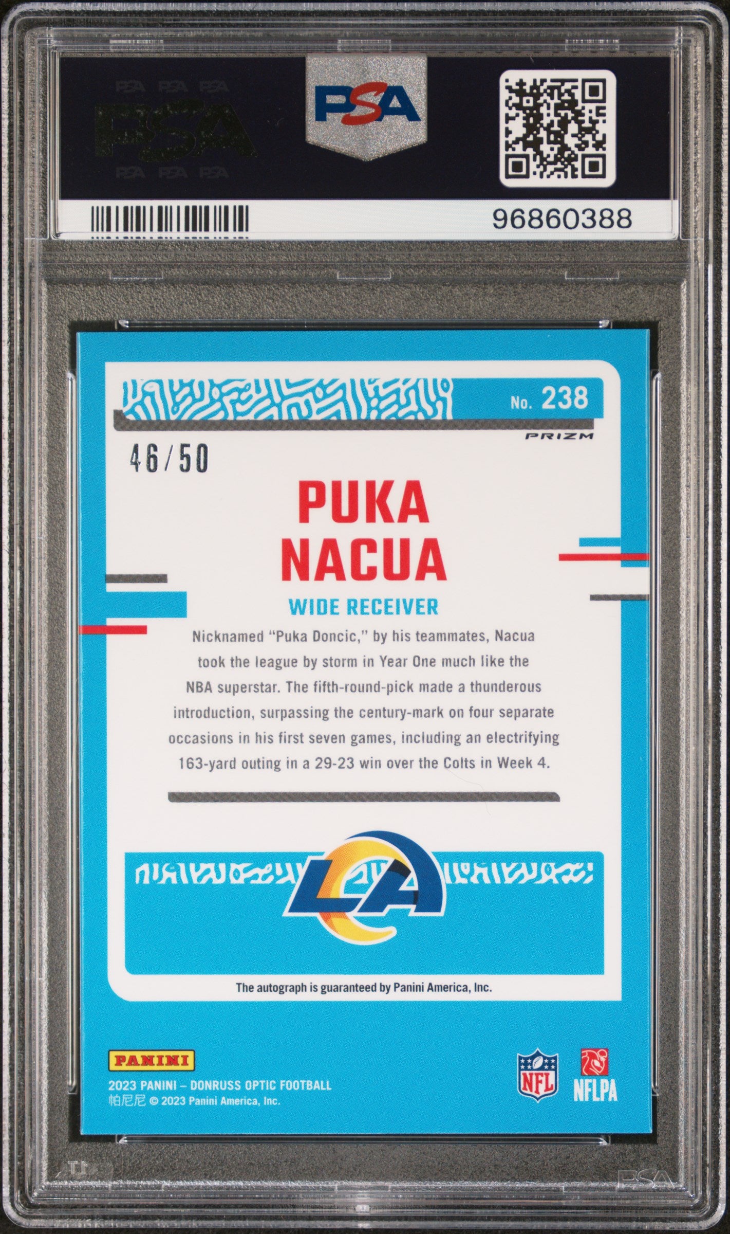 2023 Panini Donruss Optic #238 Puka Nacua Autograph-Pink Velocity PSA 10