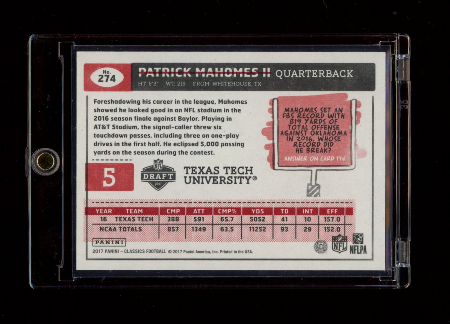 2017 Panini Classics #274 Patrick Mahomes II Red Back #/299