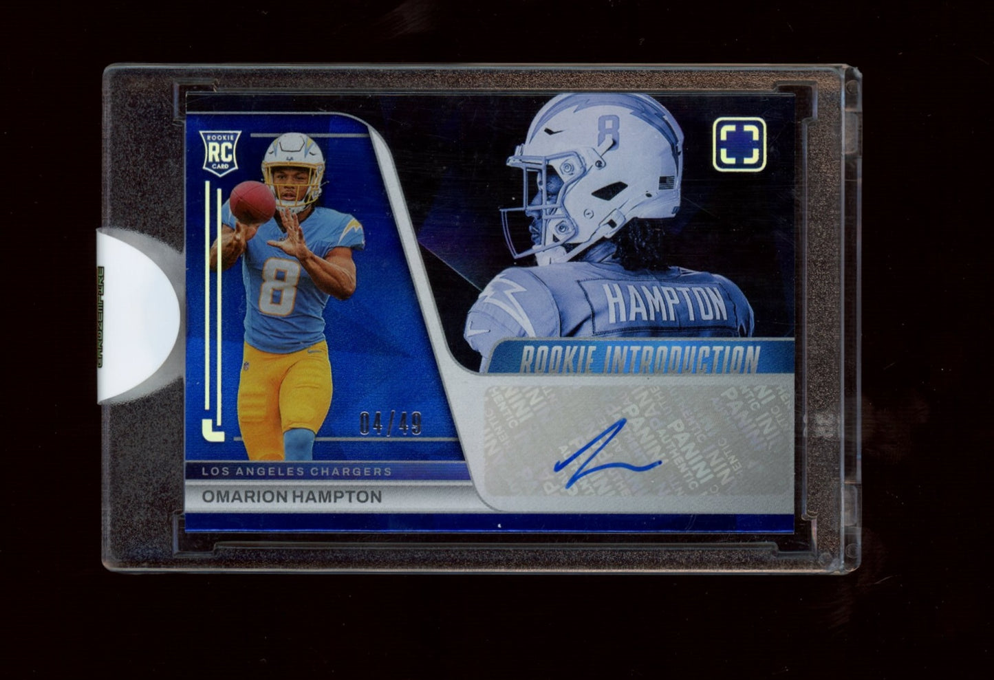 2025 Panini Photogenic #RKI-OHN Omarion Hampton Rookie Intro Sig Blue #/49