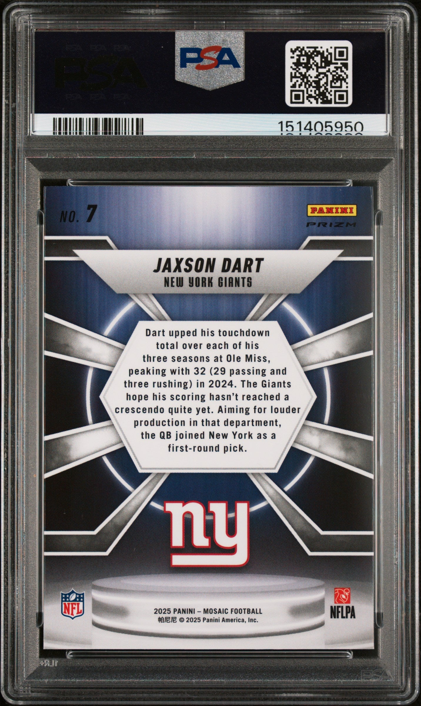 2025 Panini Mosaic Center Stage #7 Jaxson Dart Center Stage-Silver PSA 9