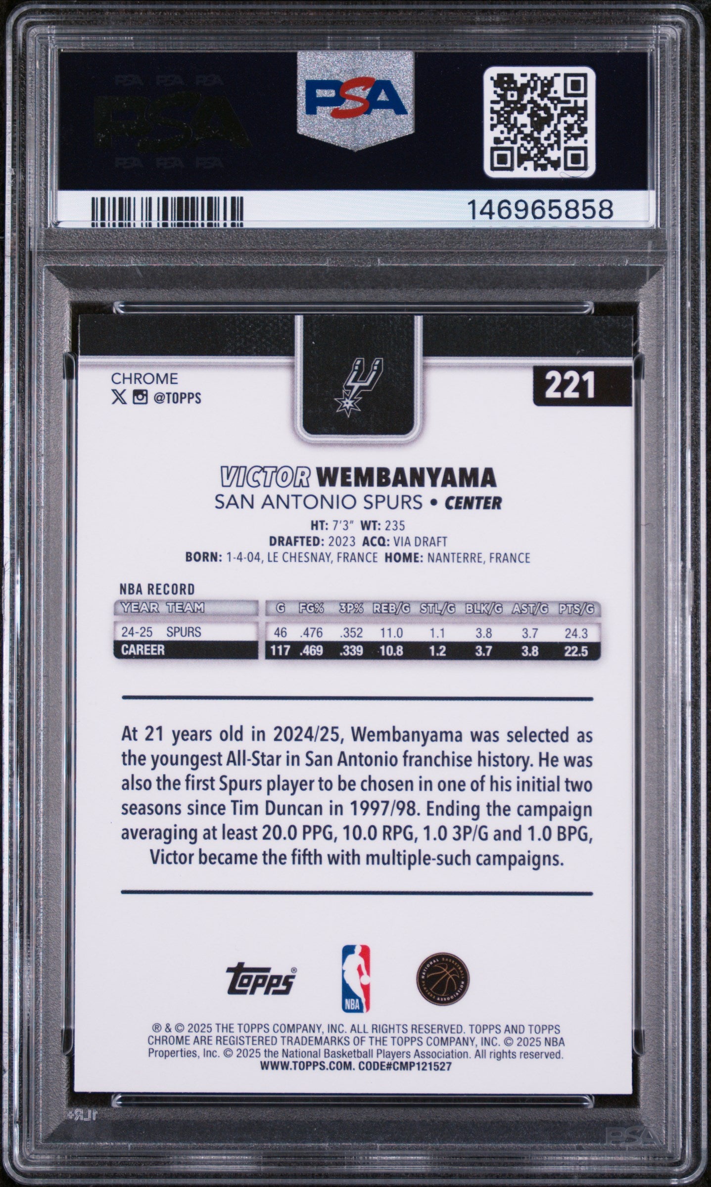 2025 Topps Chrome #221 Victor Wembanyama Basketball Refractor PSA 10