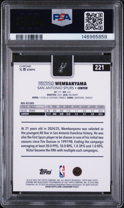 2025 Topps Chrome #221 Victor Wembanyama Basketball Refractor PSA 10