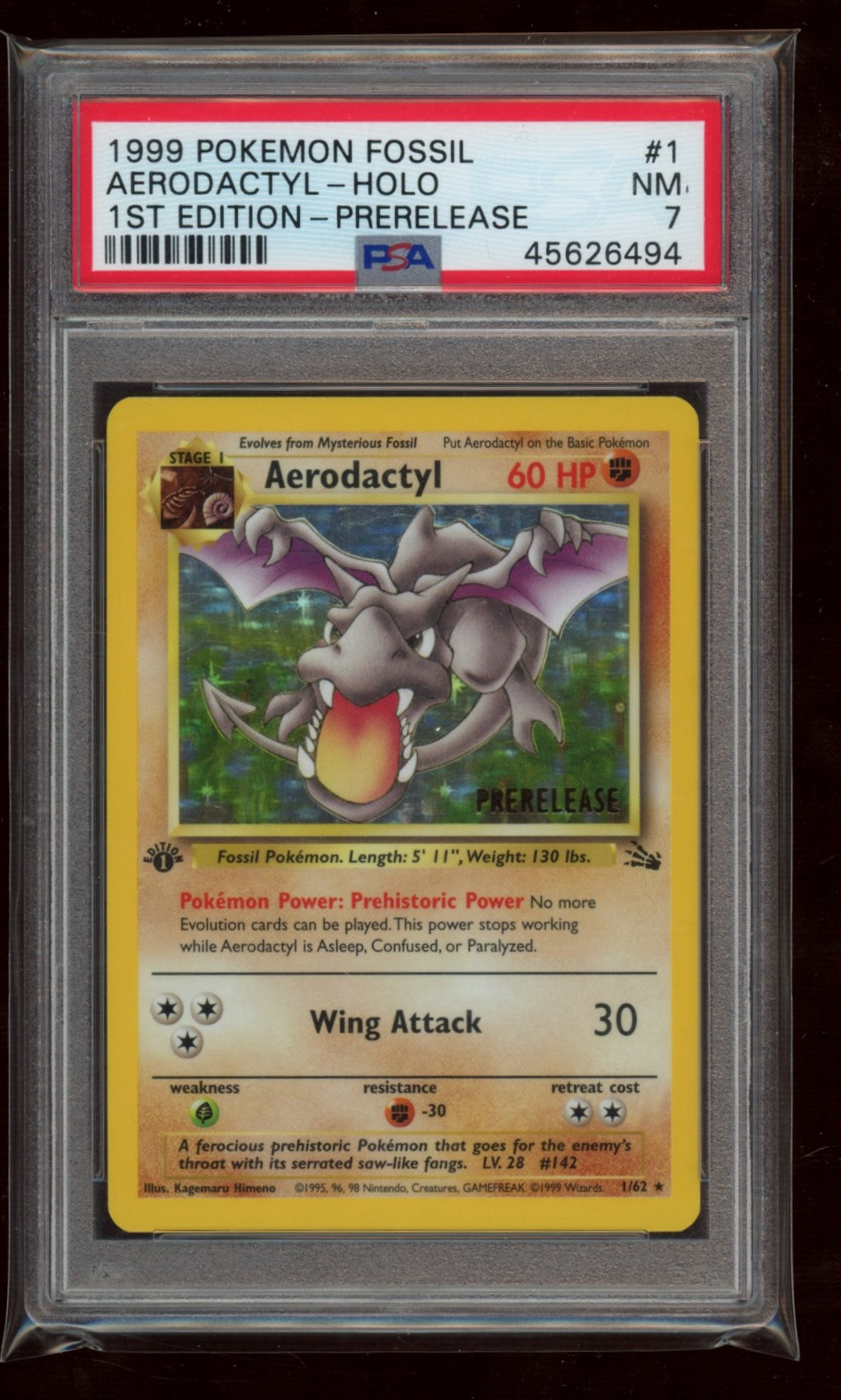 1999 Pokemon Fossil #1 Aerodactyl-Holo 1st Edition-Prerelease PSA 7