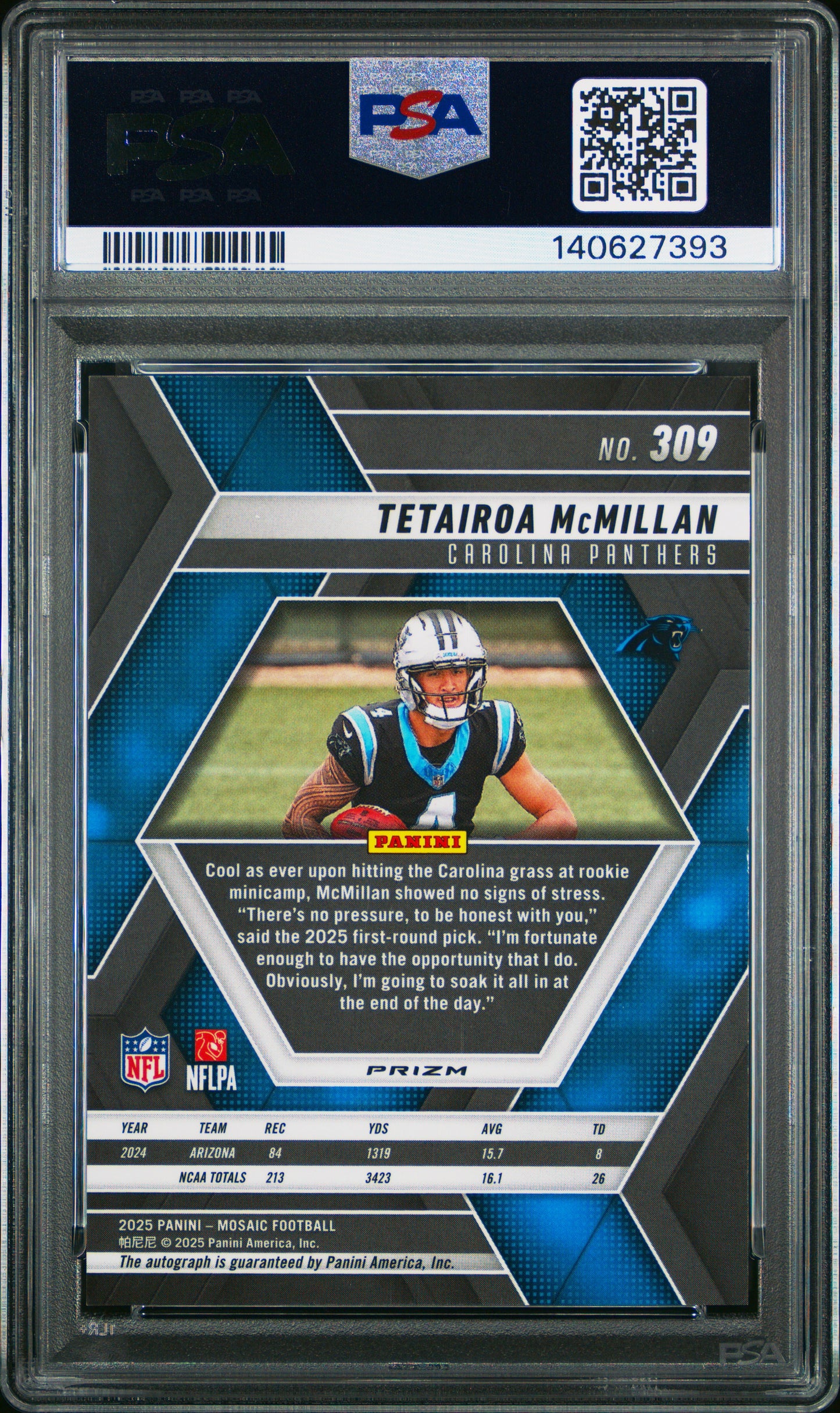 2025 Panini Mosaic #309 Tetairoa Mcmillan Autograph PSA 9