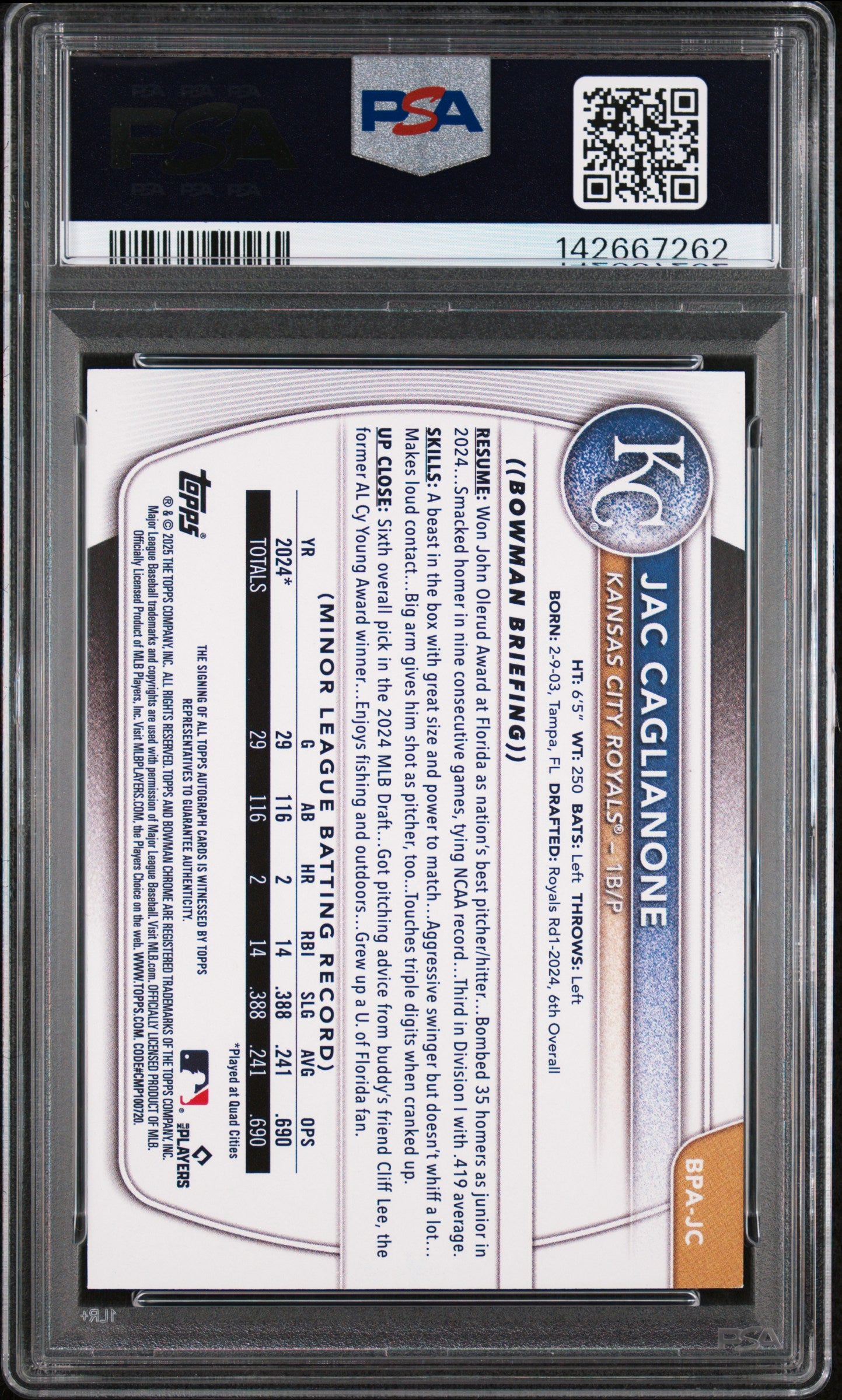2025 Bowman #BPAJC Jac Caglianone Auto Blue /150 PSA 8