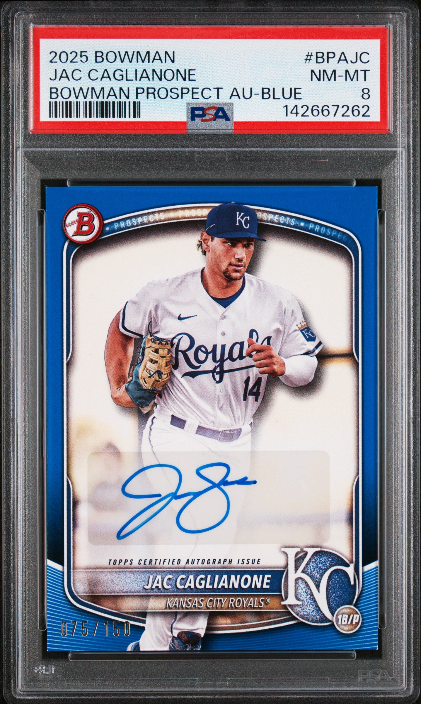 2025 Bowman #BPAJC Jac Caglianone Auto Blue /150 PSA 8