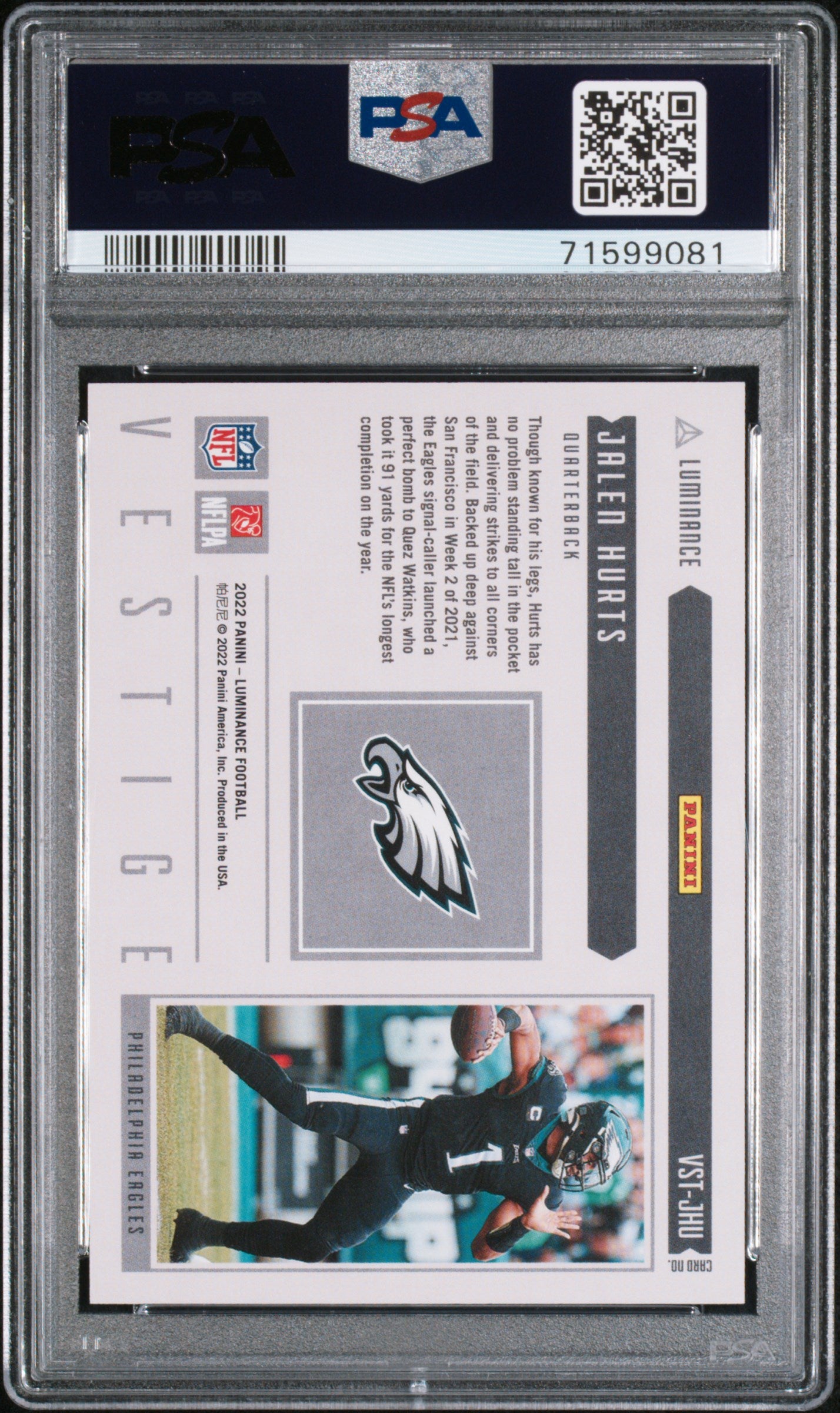 2022 Panini Luminance Vestige #VSTJHU Jalen Hurts Vestige-Orange PSA 10