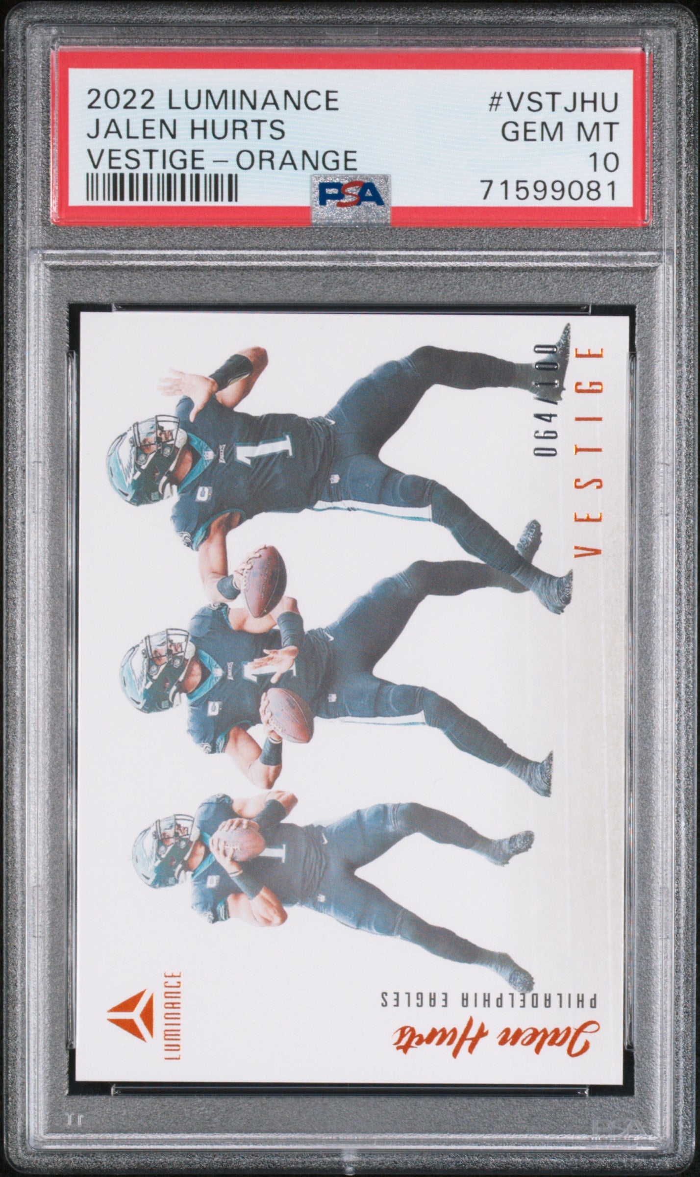 2022 Panini Luminance Vestige #VSTJHU Jalen Hurts Vestige-Orange PSA 10